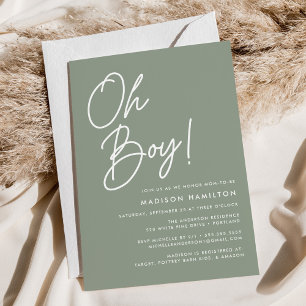 Invitation Oh Boy Script Sage Vert minimaliste Baby shower