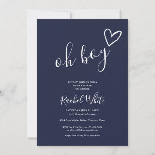Invitation Oh Boy Shower Heart Bleu Marine Minimaliste