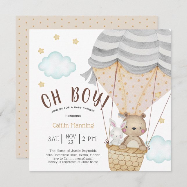 Invitation Oh Boy Teddy Bear Baby shower boisé (Devant / Derrière)