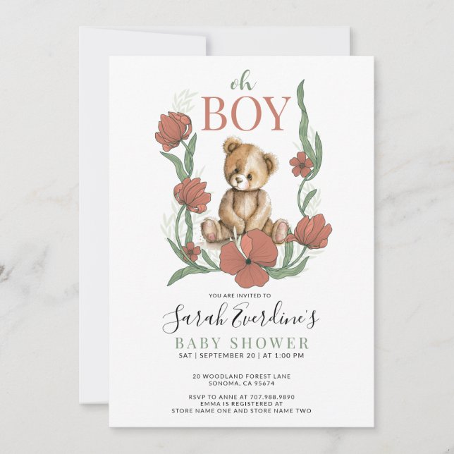 Invitation Oh Boy Teddy Bear Watercolor Baby shower (Devant)