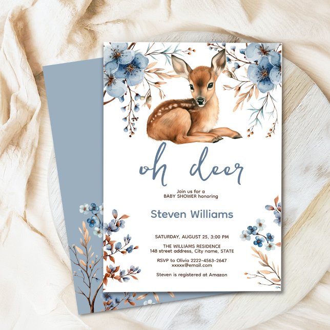 Invitation Oh cerf mignon forêt fleurons rustiques baby showe (Oh deer rustic blue florals with cute forest deer baby shower invitation, gender neutral, woodland )