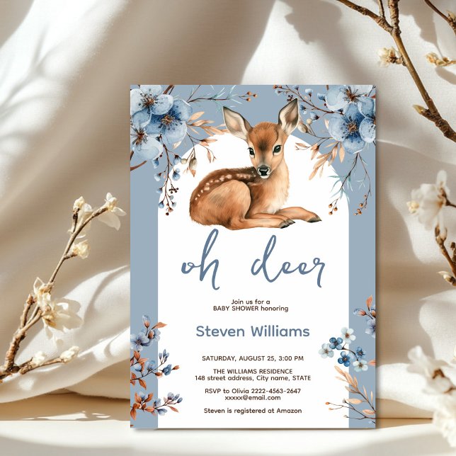 Invitation Oh cerf mignon forêt fleurons rustiques baby showe (Oh deer rustic blue florals with cute forest deer baby shower invitation, gender neutral, woodland )