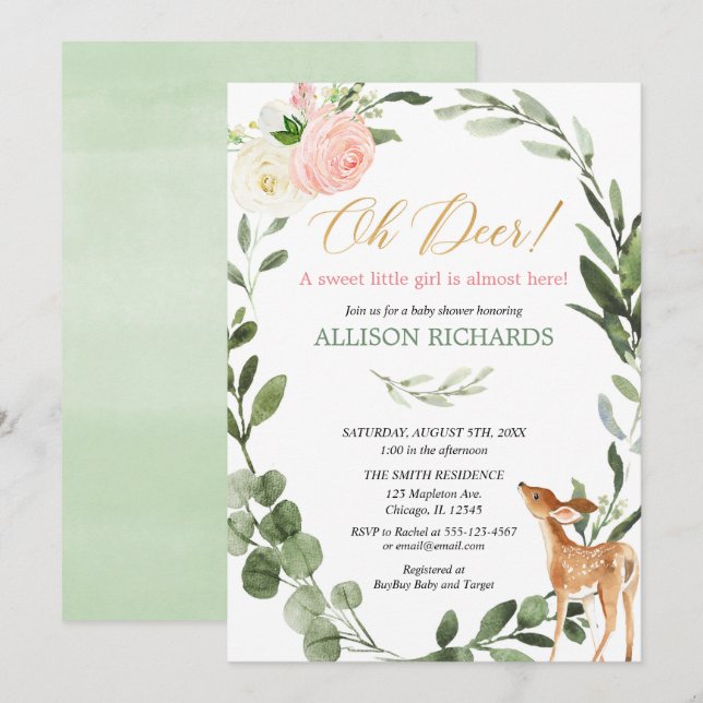 Invitation Oh cerf rose or eucalyptus baby shower fille (Devant / Derrière)