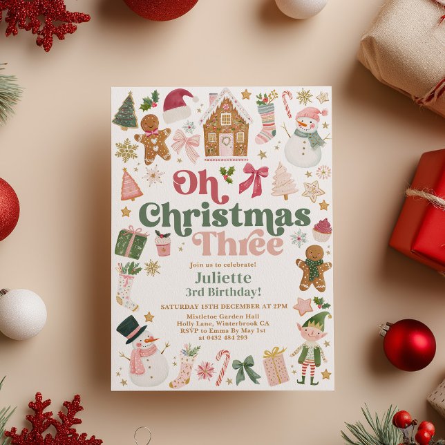 Invitation Oh Christmas Three 3rd Birthday Xmas theme Festive (Oh Christmas Three! Christmas themed 3rd birthday party Kids party)
