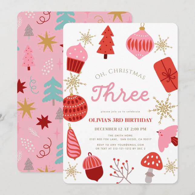 Invitation Oh Christmas Three Christmas Pink 3rd Birthday (Devant / Derrière)