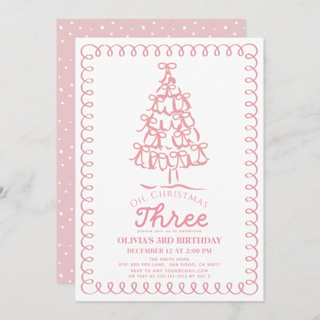 Invitation Oh Christmas Three Pink Bow Tree 3rd Birthday (Devant / Derrière)