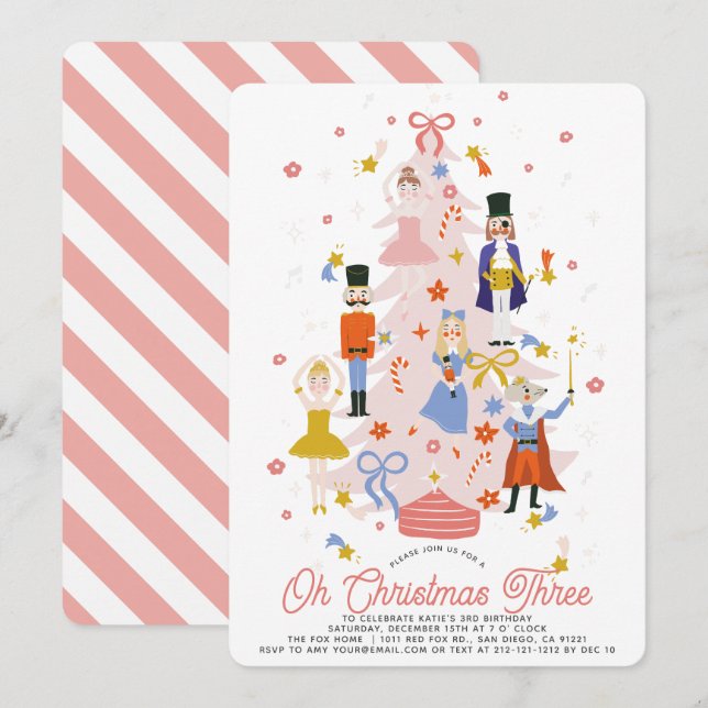 Invitation Oh Christmas Three Pink Nutcracker Girl Birthday (Devant / Derrière)