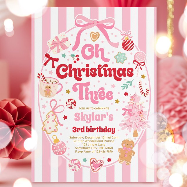 Invitation Oh Christmas Tree Coquette Bow 3rd Birthday (Créateur téléchargé)