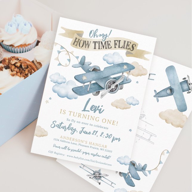 Invitation Oh Comme le Temps Passe Fête d'anniversaire de l'a (Cute watercolor airplane aviation clouds sky theme Time Flies boy 1st birthday party invitation)