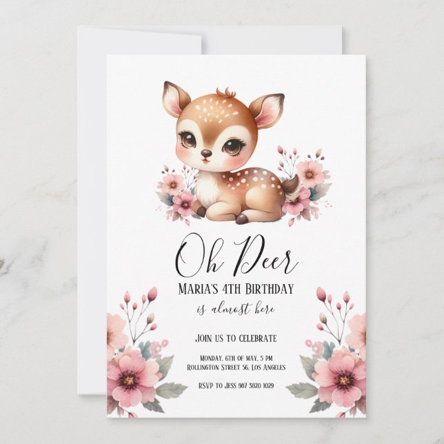 Invitation Oh Deer Aquarelle Florale fête d'anniversaire (Devant)