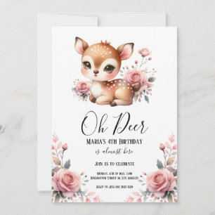 Invitation Oh Deer Aquarelle Roses rose pâle Fête d'anniversa