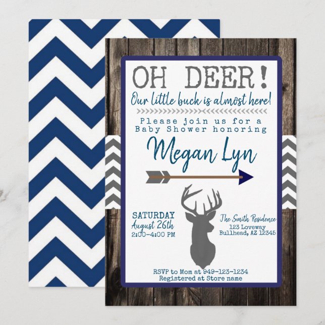 Invitation OH Deer ! Baby shower Chevron Little Buck Navy Gre (Devant / Derrière)
