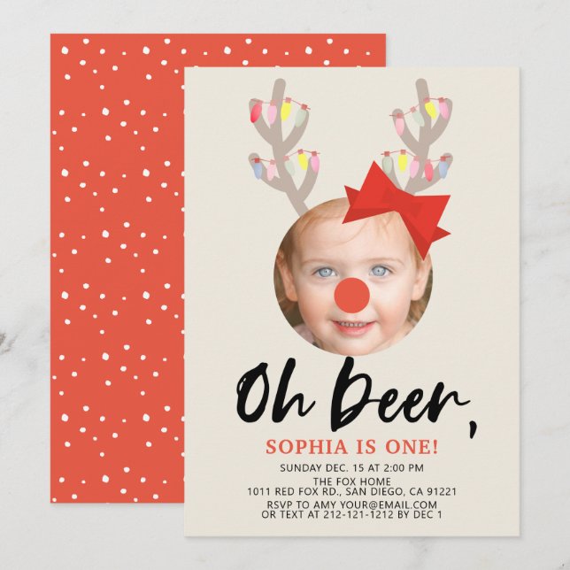 Invitation Oh Deer Beige & Red Holiday Photo 1er Anniversaire (Devant / Derrière)