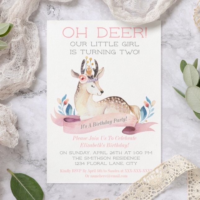 Invitation Oh Deer Little Girl Deuxième fête d'anniversaire r (Créateur téléchargé)