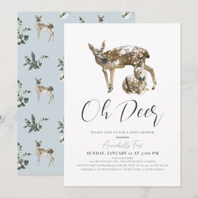 Invitation Oh Deer Maman & Fawn Blue Boy Baby shower (Devant / Derrière)