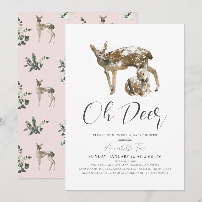 Invitation Oh Deer Maman & Fawn Pink Girl Baby shower (Devant / Derrière)