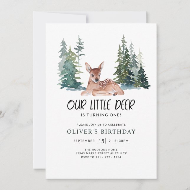 Invitation Oh Deer Première fête d'anniversaire Pin des bois (Devant)