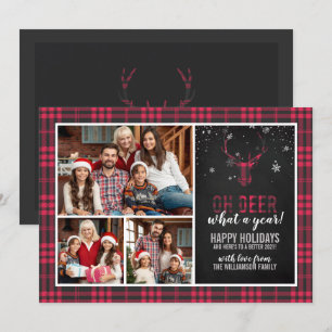 Invitation Oh Deer Quelle Année !   Red Plaid 3 Photo Christm