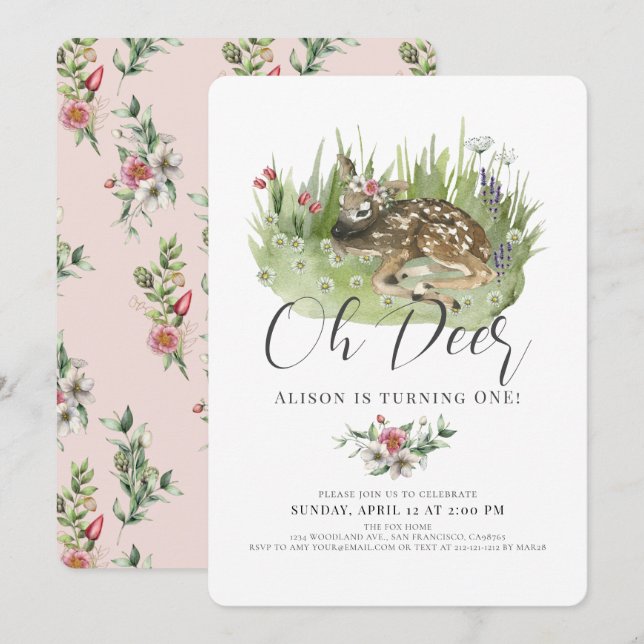 Invitation Oh Deer Rose Floral Girl 1er anniversaire (Devant / Derrière)