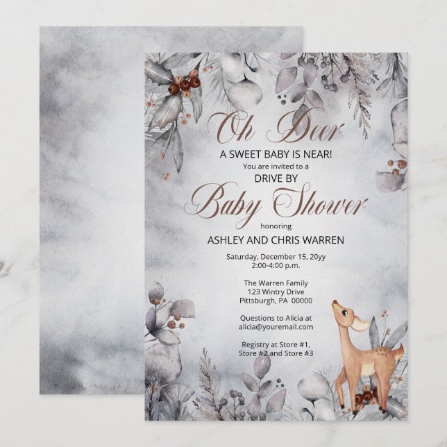 Invitation Oh Deer Rustic Winter Floral Drive Par Baby shower (Devant / Derrière)