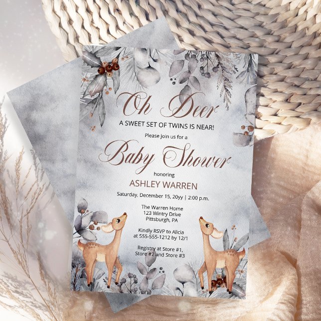 Invitation Oh Deer Rustic Winter Floral Twins Baby shower dan (Oh Deer Rustic Woodland Twins Baby Shower Invitation)