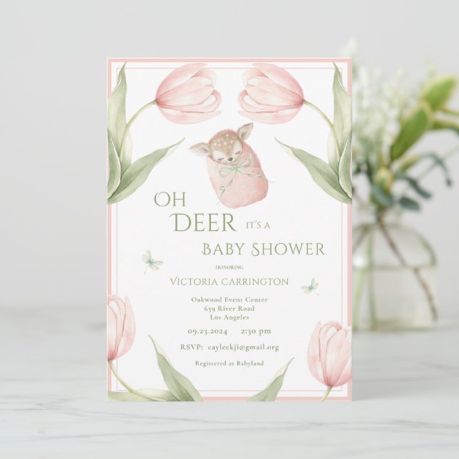 Invitation Oh Deer Tulips Pink Baby Shower (Debout devant)