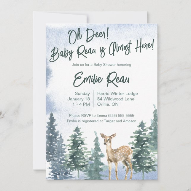 Invitation Oh Deer ! Un nouveau bébé est presque là ! Baby sh (Devant)