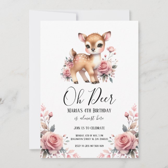 Invitation Oh Deer Watercolor Rose fête d'anniversaire (Devant)
