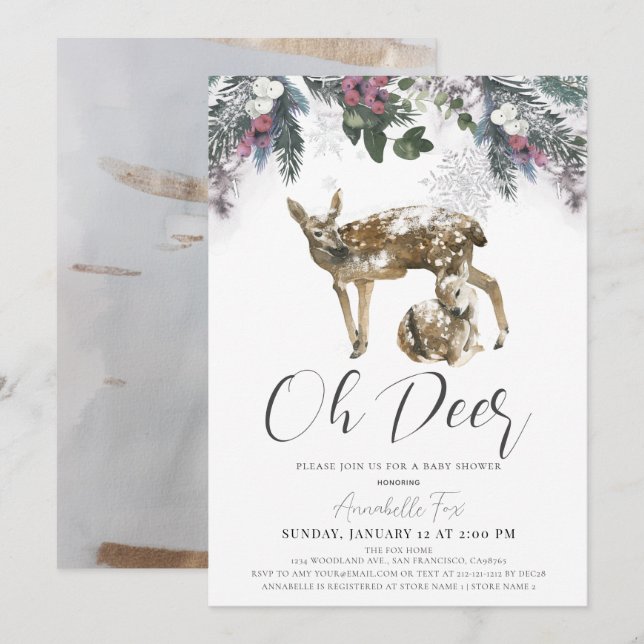 Invitation Oh Deer Winter Foliing & Red Berries Baby shower (Devant / Derrière)