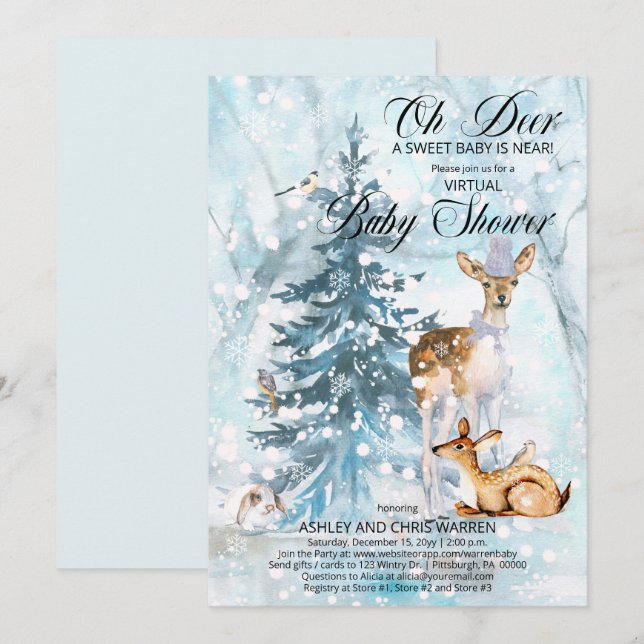 Invitation Oh Deer Woodland Animaux Virtual Boy Baby shower I (Devant / Derrière)