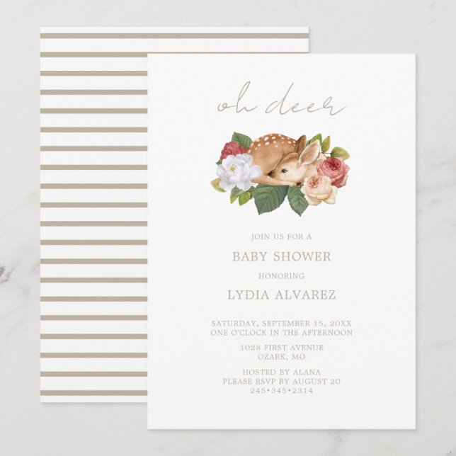 Invitation Oh Deer Woodland Baby shower | (Devant / Derrière)