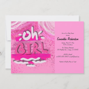 Invitation "OH FILLE"   Calligraphie rose bébé fille douche