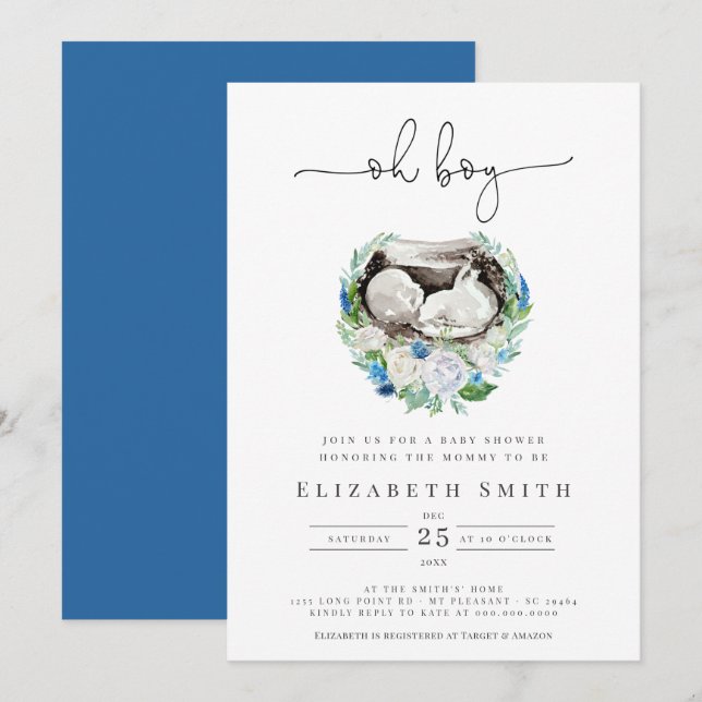 Invitation Oh Garçon Aquarelle Bleu Floral Wreath Baby shower (Devant / Derrière)