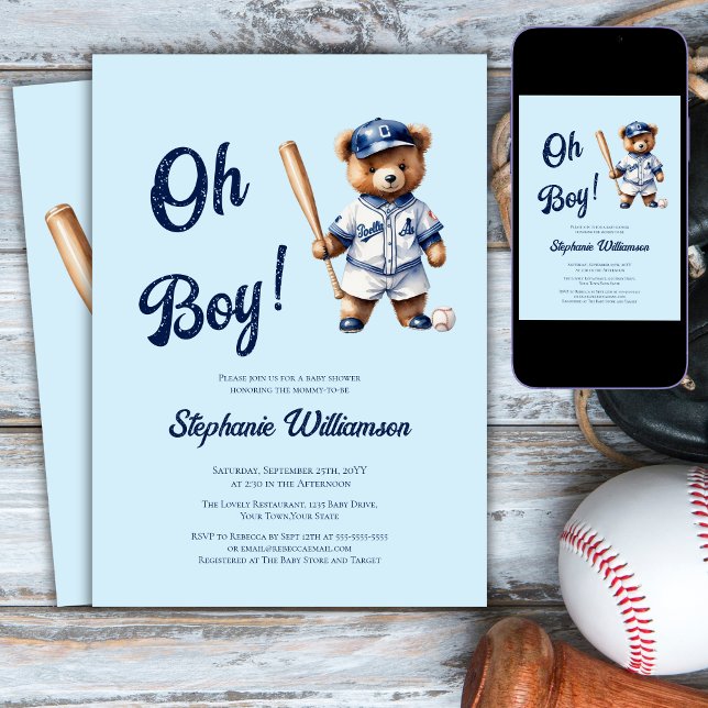 Invitation Oh garçon Baby shower de baseball mignon ours (Créateur téléchargé)