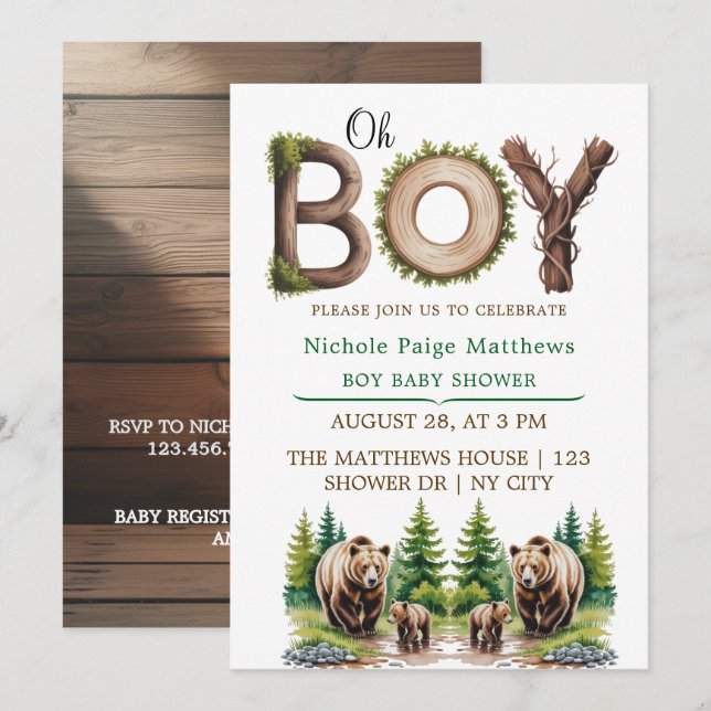 Invitation Oh garçon : Baby shower de la typographie du bois  (Devant / Derrière)