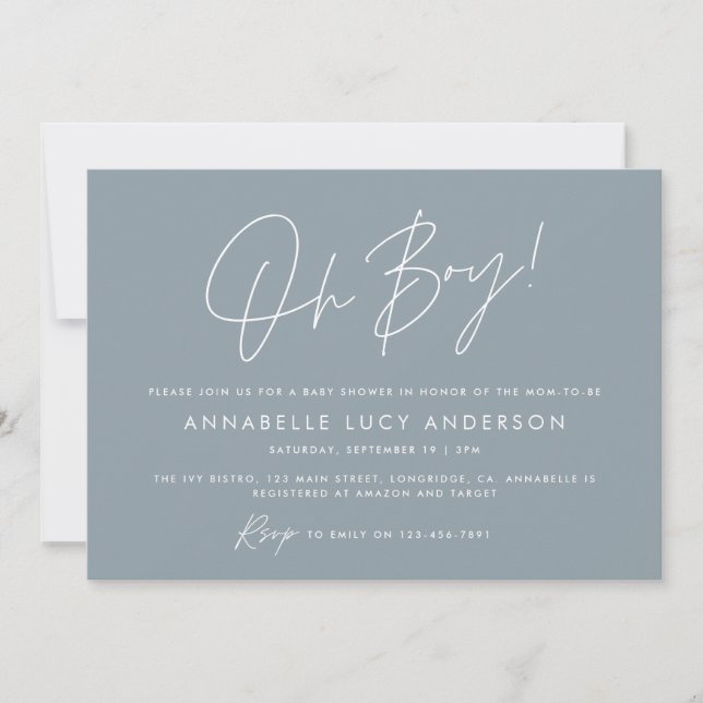 Invitation oh garçon Baby shower script moderne bleu boho (Devant)
