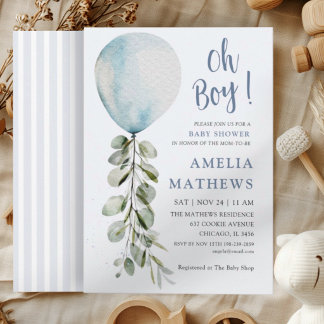 Invitation Oh Garçon Bleu Ballon Aquarelle Baby Shower