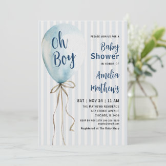 Invitation Oh Garçon Bleu Ballon Aquarelle Baby Shower
