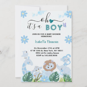 Invitation Oh garçon bleu safari animaux garçon baby shower