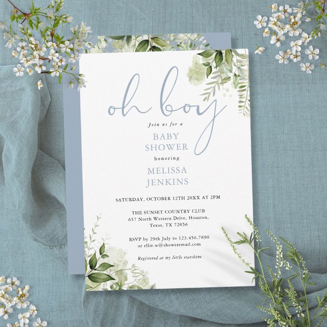 Invitation Oh garçon Dusty Baby shower de verdure bleu (Oh Boy Dusty Blue Greenery Baby Shower Invitation)