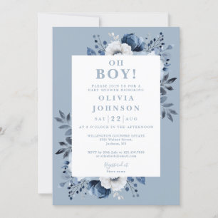 Invitation Oh garçon Dusty bleu élégant Baby shower floral