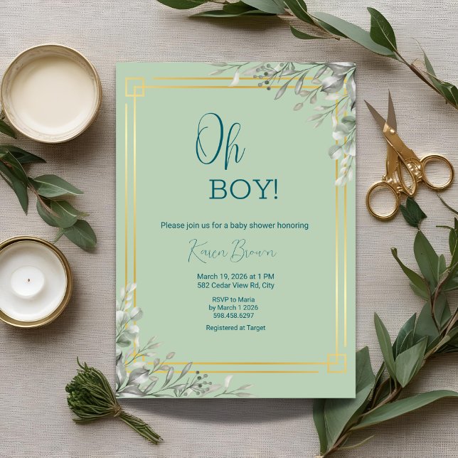 Invitation Oh Garçon Elegant Verdure & Baby shower Or (Créateur téléchargé)