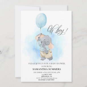 Invitation Oh Garçon Elephant Aquarelle Bleu Bleu Bleu