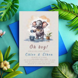 Invitation Oh garçon Elephant Rustique Baby shower bleu or