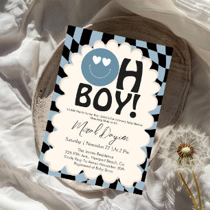 Invitation Oh Garçon! Fête de Bébé Moderne Groovy Bleu Visage