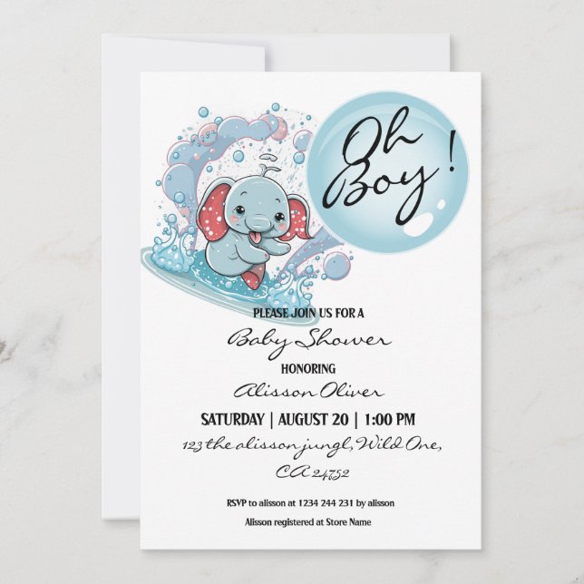 Invitation Oh garçon mignonne bébé éléphant bleu bulle Baby s (Devant)