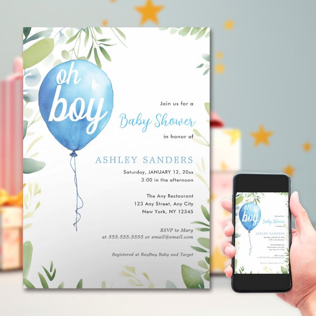 Invitation Oh garçon moderne eucalyptus bleu baby shower ball (Créateur téléchargé)
