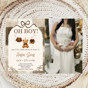 Invitation Oh Garçon Ours en Peluche Beige Gingham Baby Showe