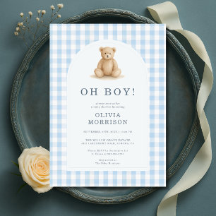Invitation Oh Garçon Ours Gingham Bleu Baby Shower