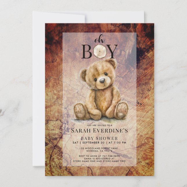 Invitation Oh Garçon Teddy Ours Rustique Baby shower de grain (Devant)